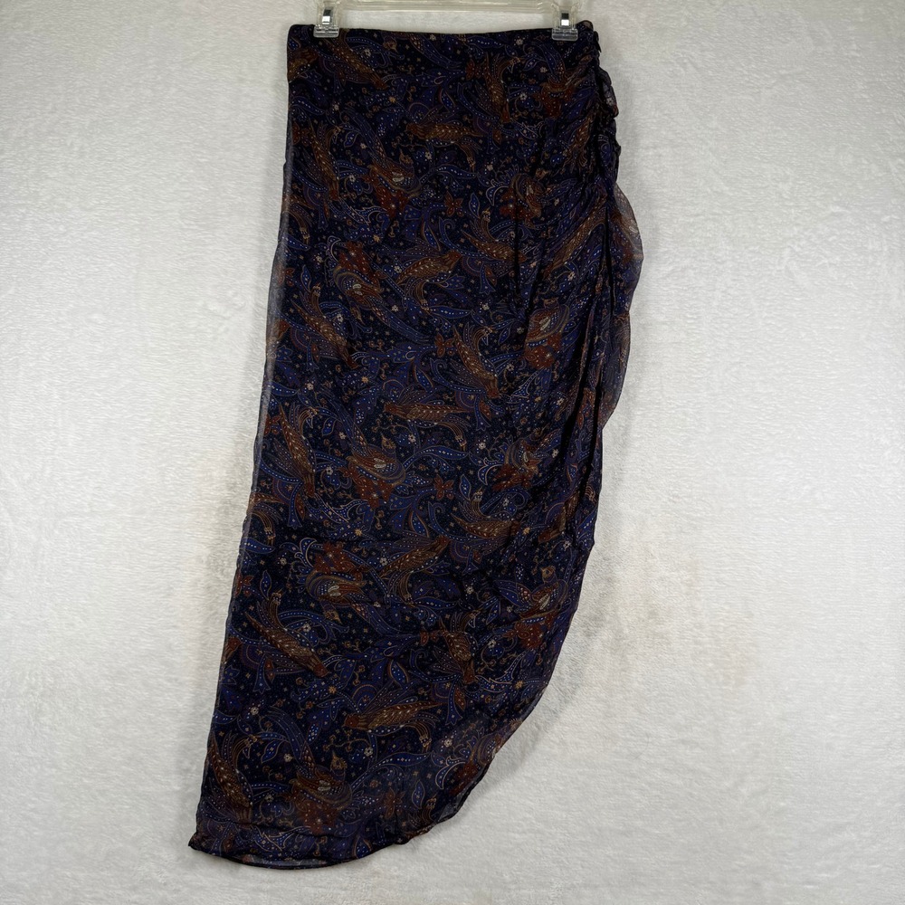 Veronica Beard Navy Blue Paisley Silk Asymmetrical Ruched Midi Skirt Size 4